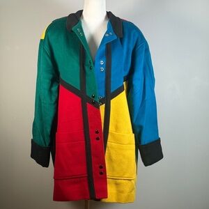 VTG Steve Evans Mens Large Colorblock 100% Wool Jacket Raised Collar Made in USA